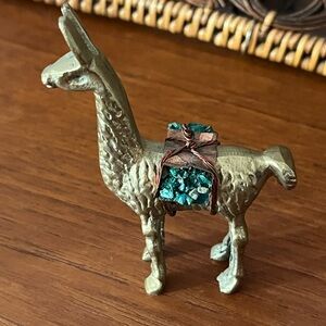 Vintage Bronze Llama Figurine with Turquoise in basket